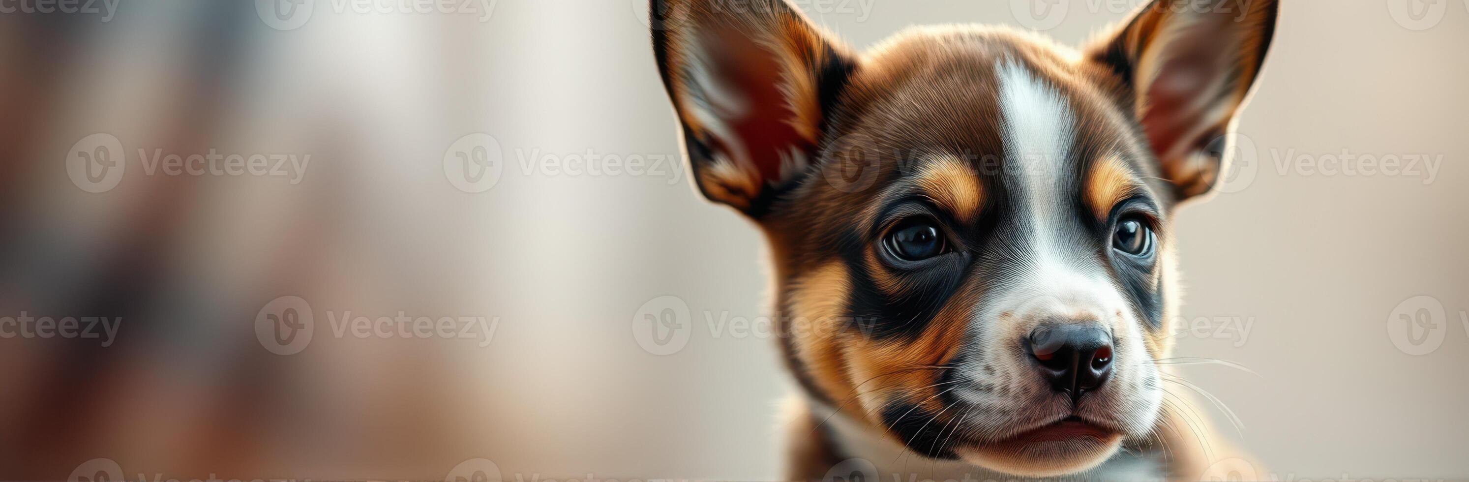 Cute and Adorable Puppy Portrait - Closeup of Brown and White Little Dog with Vibrant Soft Colors and Tender Expression in Nature Background photo