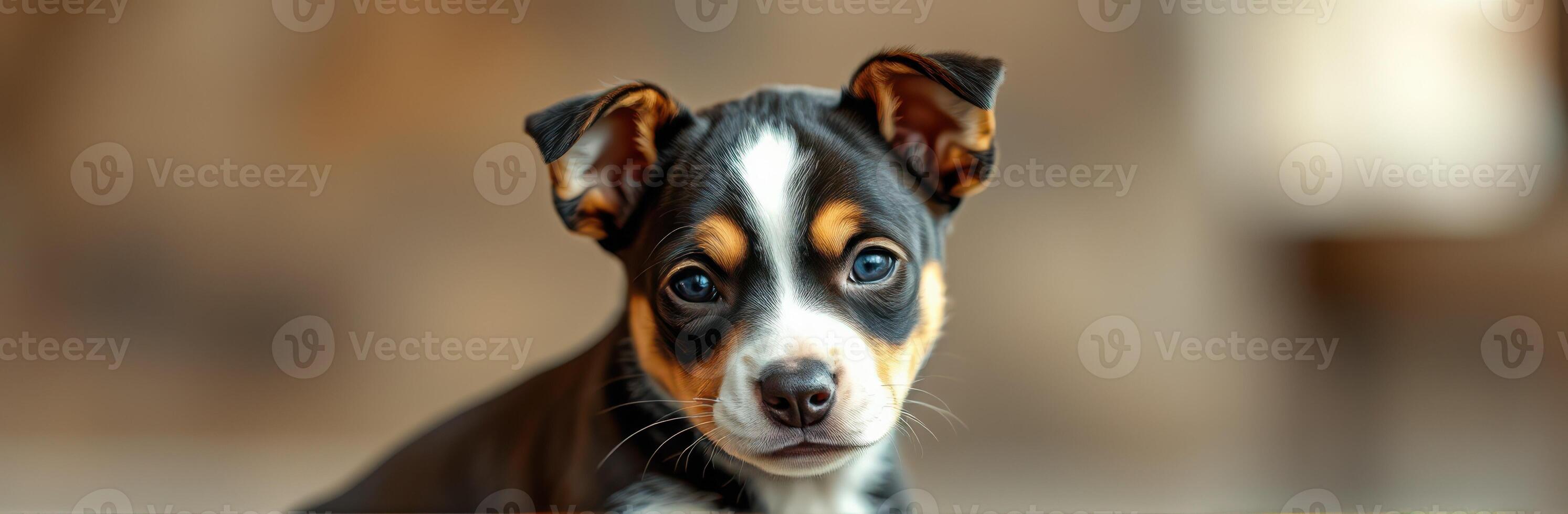 Cute Adorable Tricolor Puppy Close-Up Portrait with Innocent Expression and Playful Look on Brown Background photo