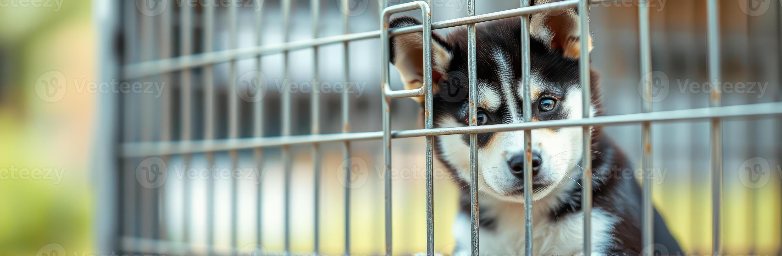 Sad Puppy in Cage at Animal Shelter. A Hopeful Canine Awaiting Adoption Behind Iron Bars photo