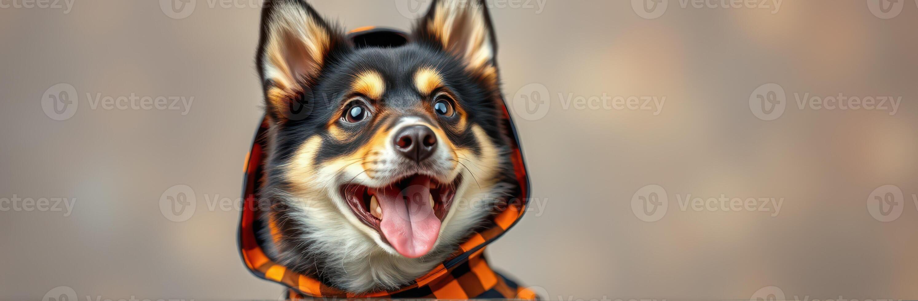 Cute Smiling Chihuahua in Orange Plaid Hoodie. Close-Up Portrait of a Joyful Dressed Dog with Happy Expression photo