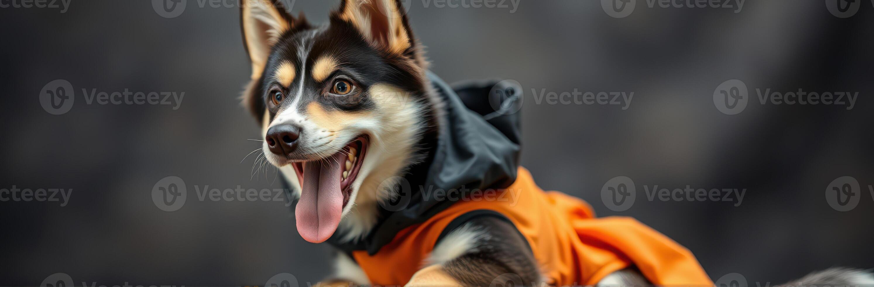 Cute Playful Puppy in Colorful Orange Jacket. Adorable Siberian Husky Portrait Outdoors in Autumn photo