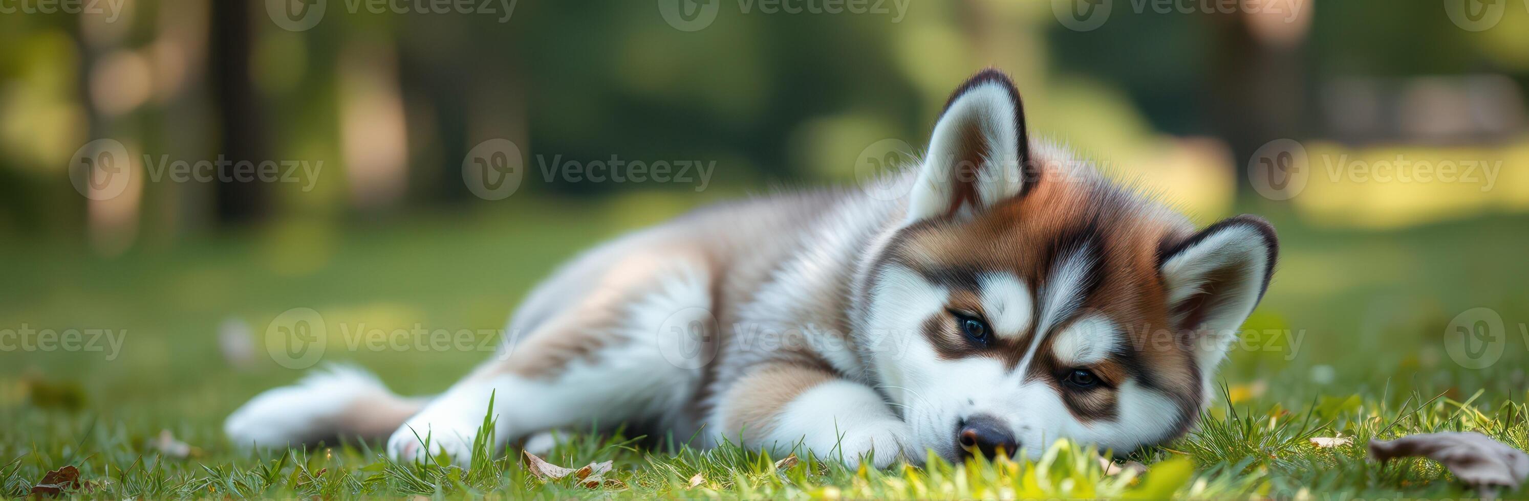 Cute Siberian Husky Puppy Lying in Grass at Park - Adorable Plush Canine Resting Outdoors in Peaceful Natural Setting photo