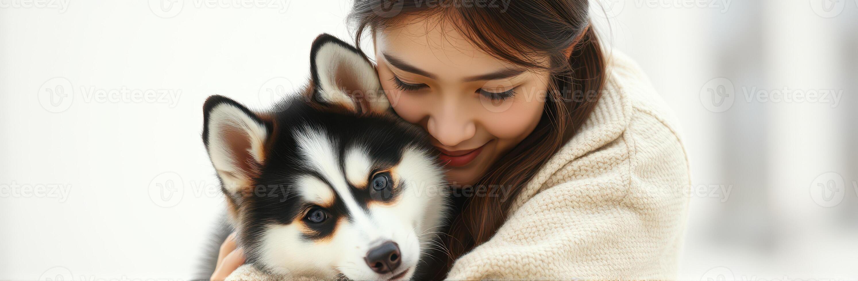 Girl Hugging Siberian Husky Puppy in Cozy Sweater. A Portrait of Love and Affection in Winter Warmth photo