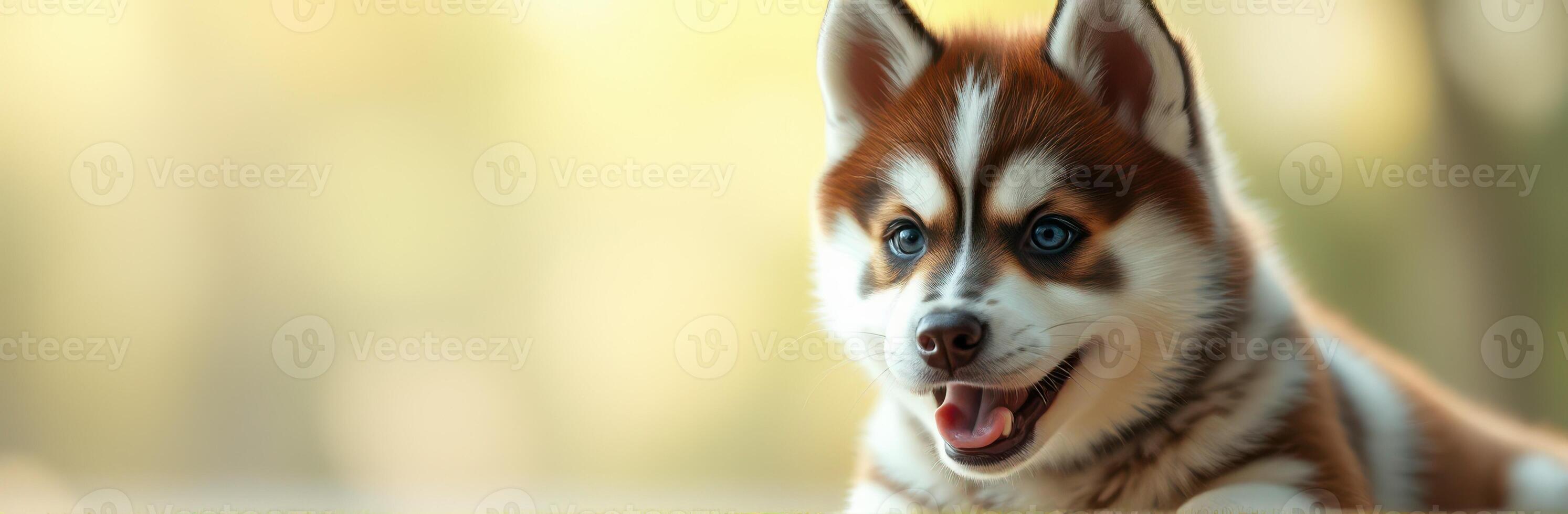 Adorable Blue-Eyed Puppy Portrait. Playful Siberian Husky in Sunlight with Fluffy Fur and Charming Expression for Dog Lovers and Pet Photography photo
