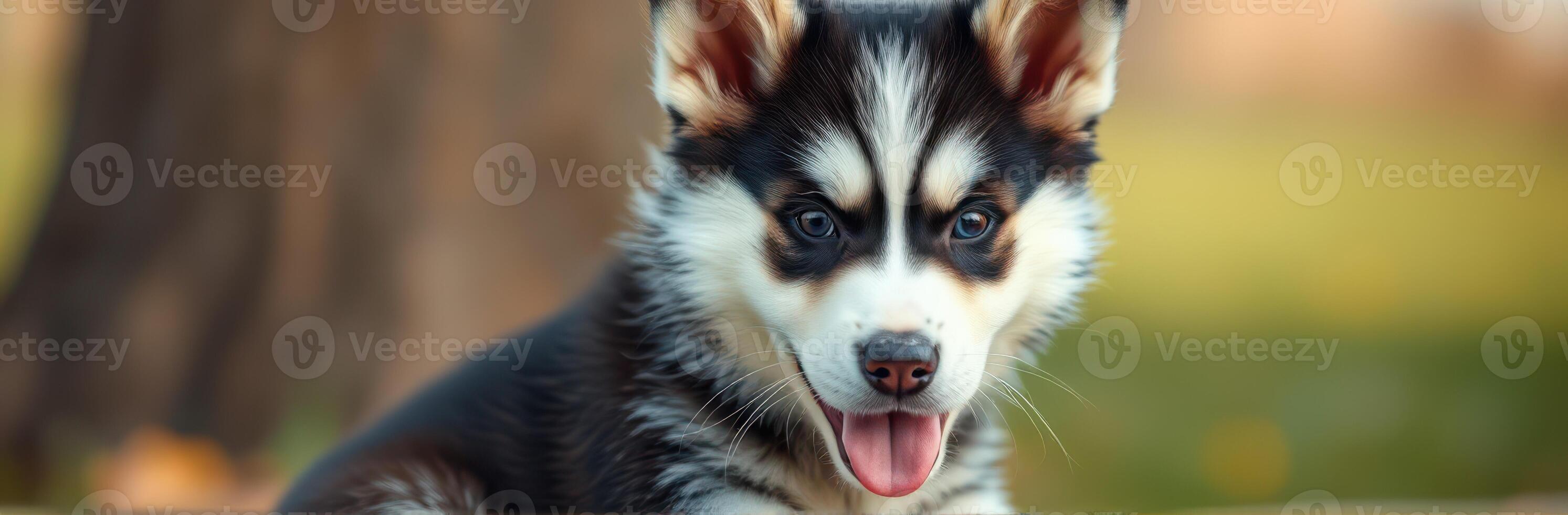 Cute and Playful Puppy Portrait in Autumn Park - Fluffy Siberian Husky Mixed Breed Close-Up with Vibrant Colors and Happy Expression photo