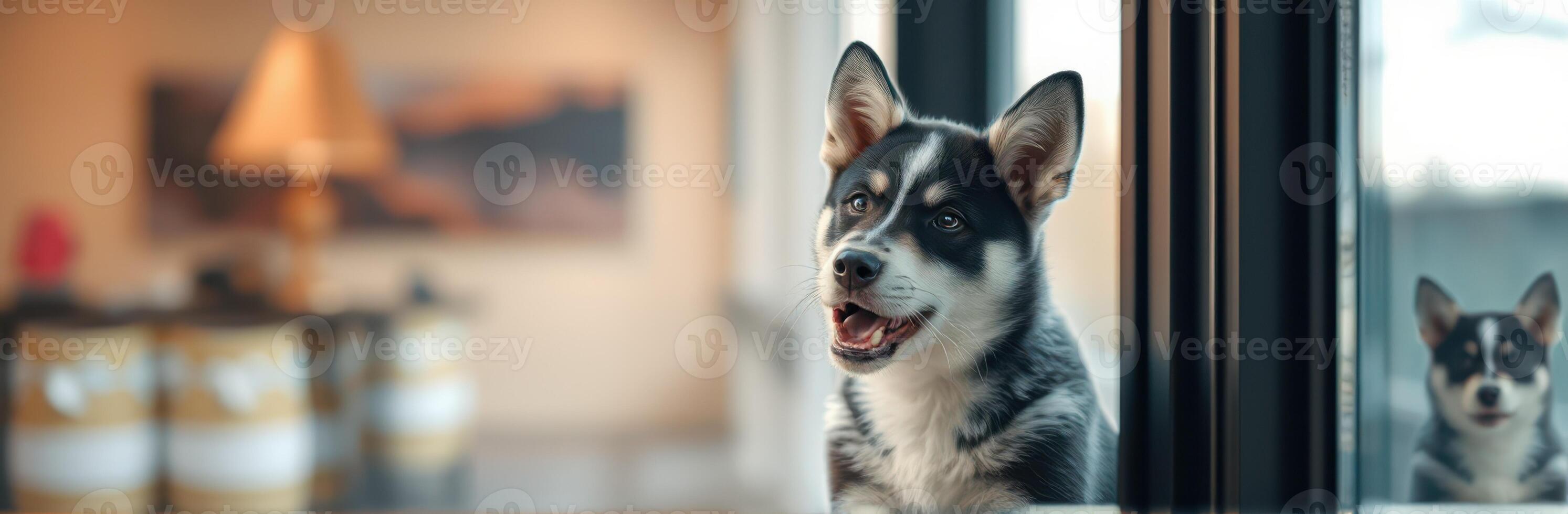 Cute Adorable Puppy Reflection in Window - Siberian Husky Pet Portrait Indoors with Happy Dog Eyes and Playful Expression photo