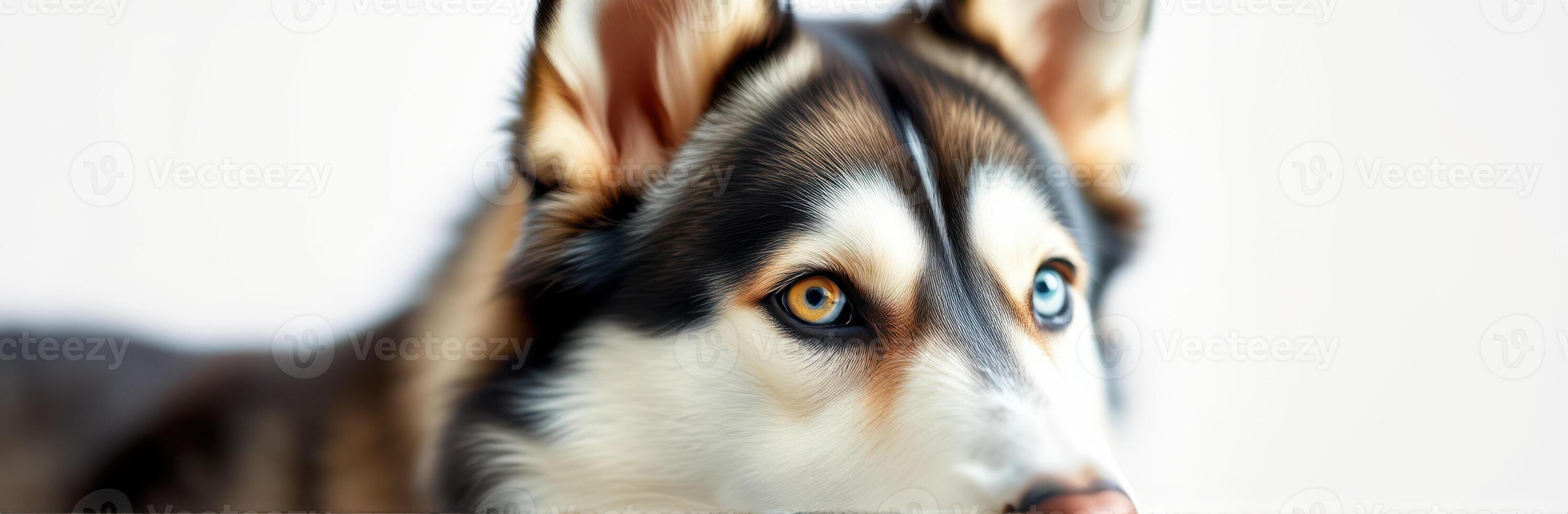 Closeup Portrait of Adorable Siberian Husky with Blue and Brown Eyes on a White Background photo