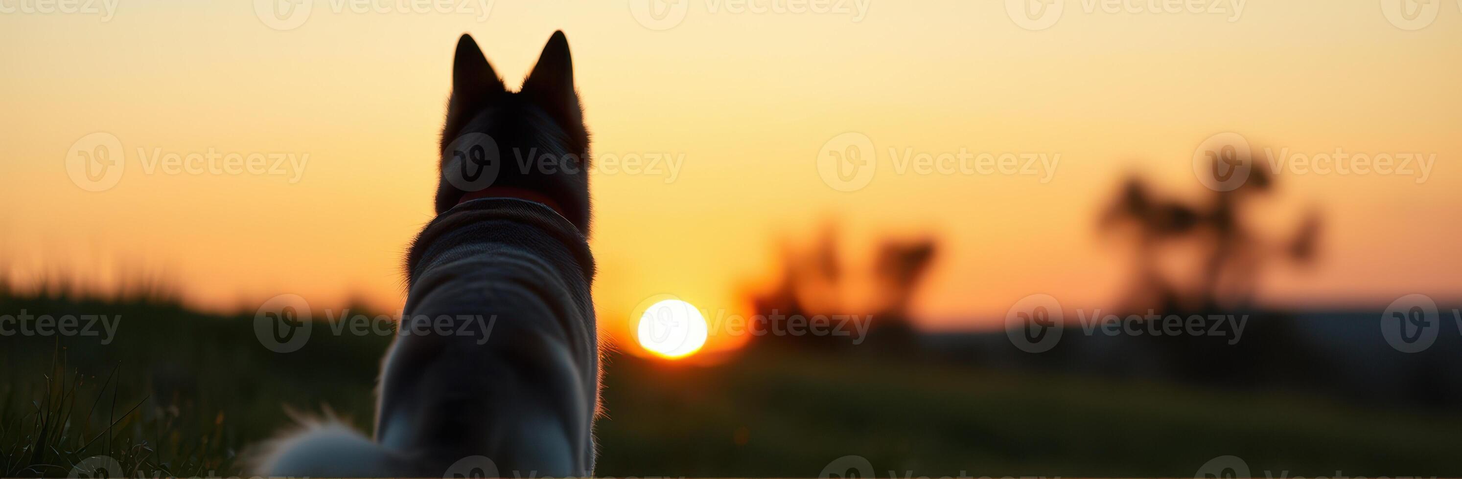 Dog Silhouette at Sunset. Serene Evening Landscape with Nature's Vibrant Glow photo