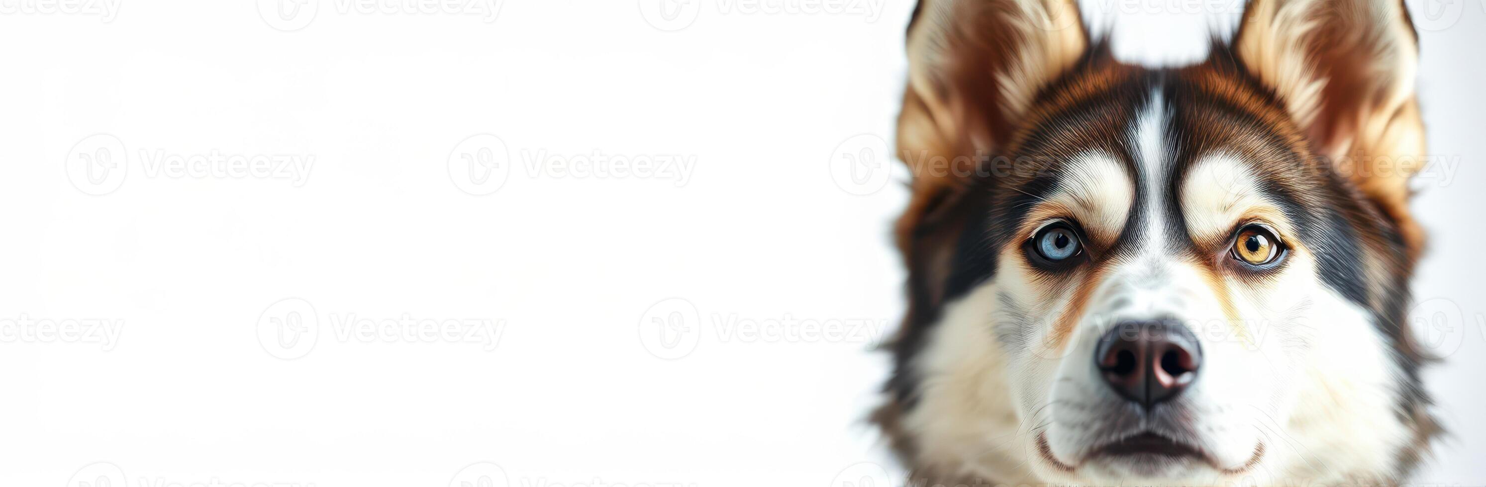 Cute Close-Up Dog Portrait of a Siberian Husky with Heterochromia and Bicolor Eyes on White Background photo