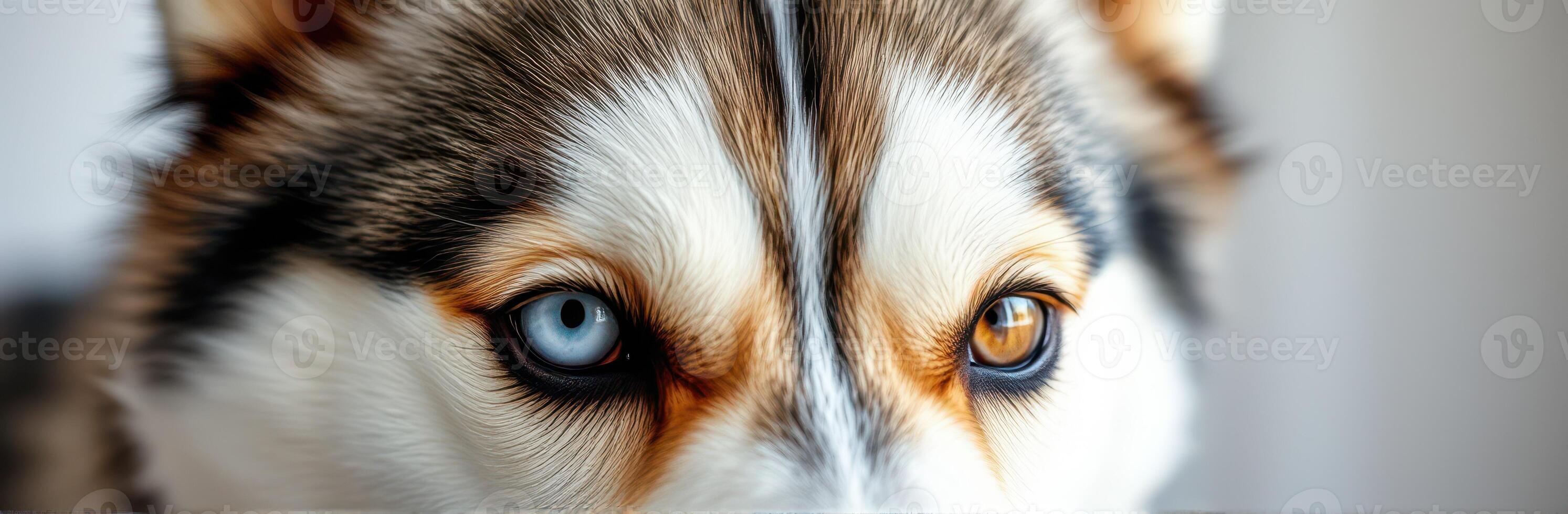 Closeup of a Siberian Husky with Heterochromia. Striking Blue and Brown Eyes Exhibit Unique Dual Color Gaze in Animal Portrait Photography photo