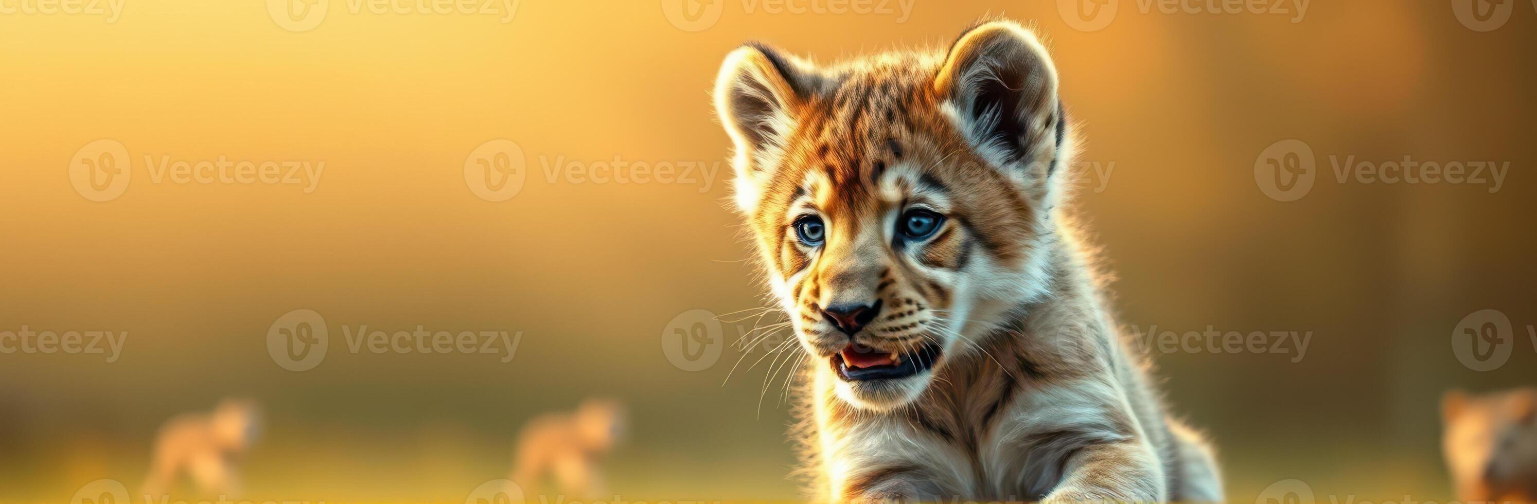Cute and Playful Young Lion Cub Portrait in Nature during Golden Hour with Vibrant Colors and Blurred Background photo