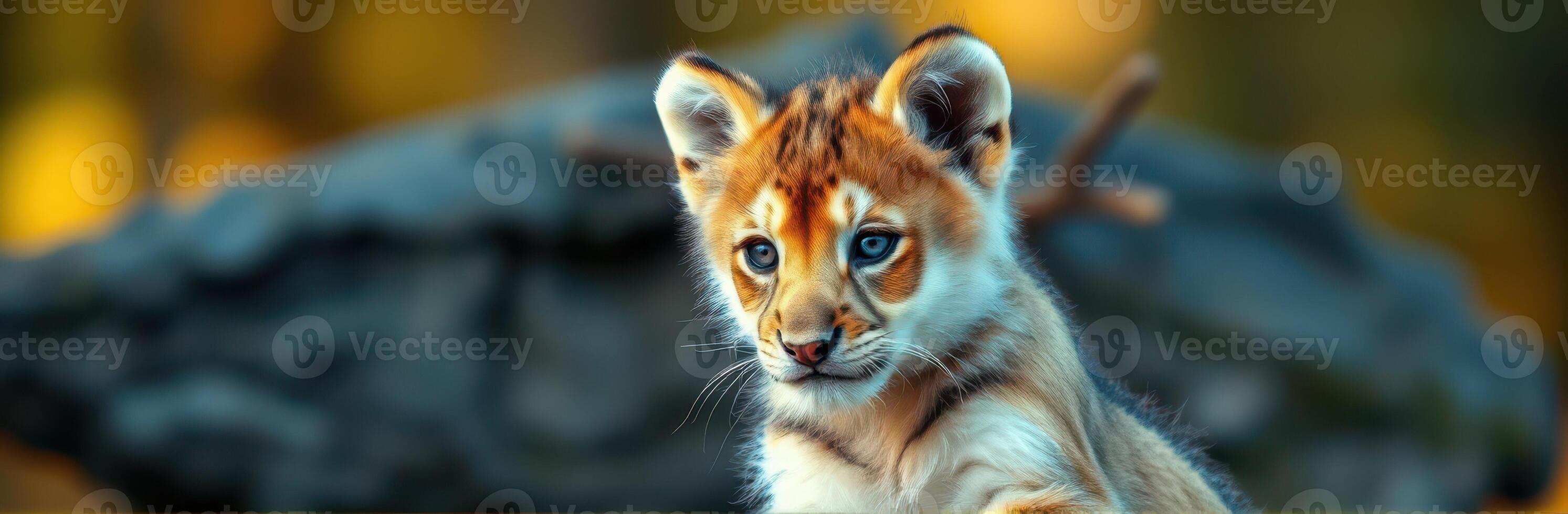Cute Lion Cub Portrait. Adorable Young Wild Animal with Blue Eyes in Nature, Captured During Wildlife Photography photo