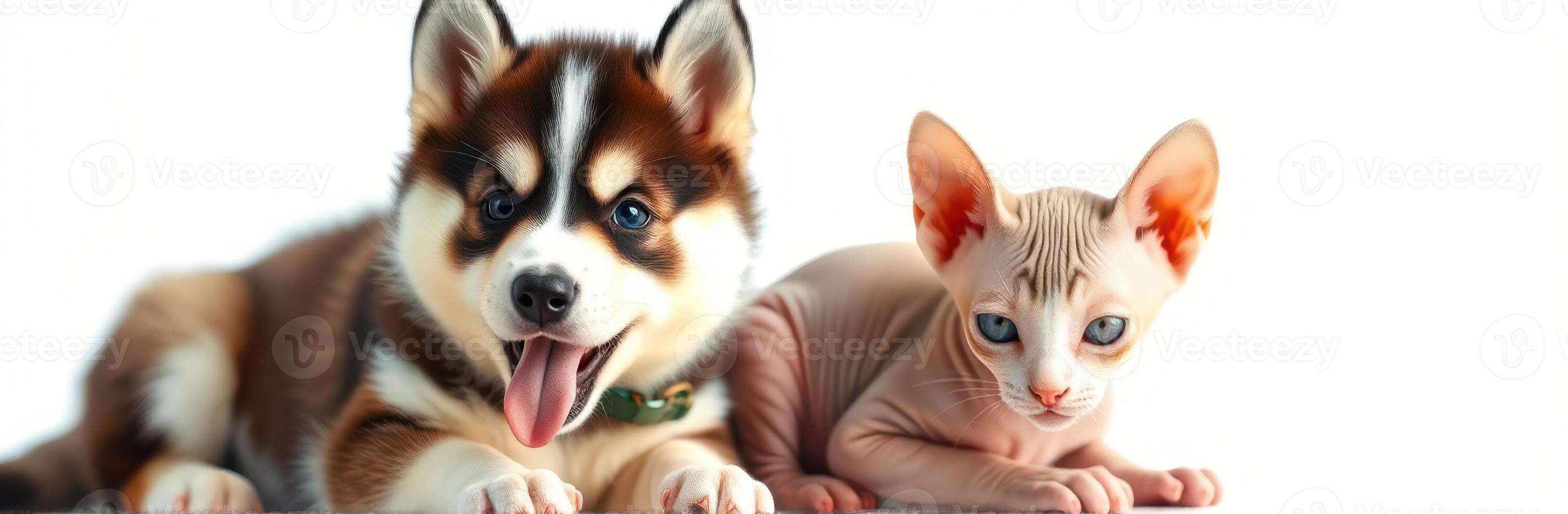 Adorable Dog and Sphynx Cat. Playful Companionship of Pets with Soft Fur and Happy Expressions photo
