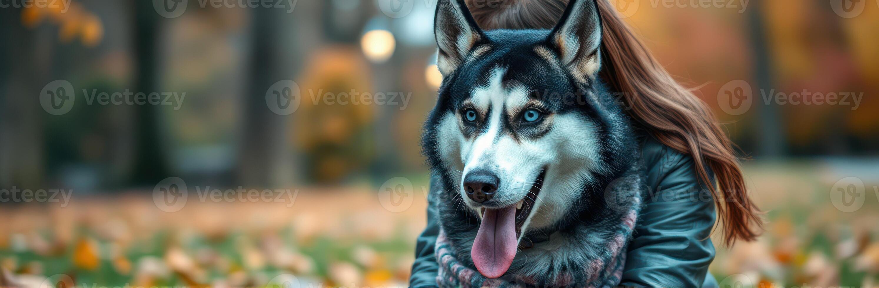 Siberian Husky with Blue Eyes Enjoying Autumn in the Park with Woman in Warm Clothing photo