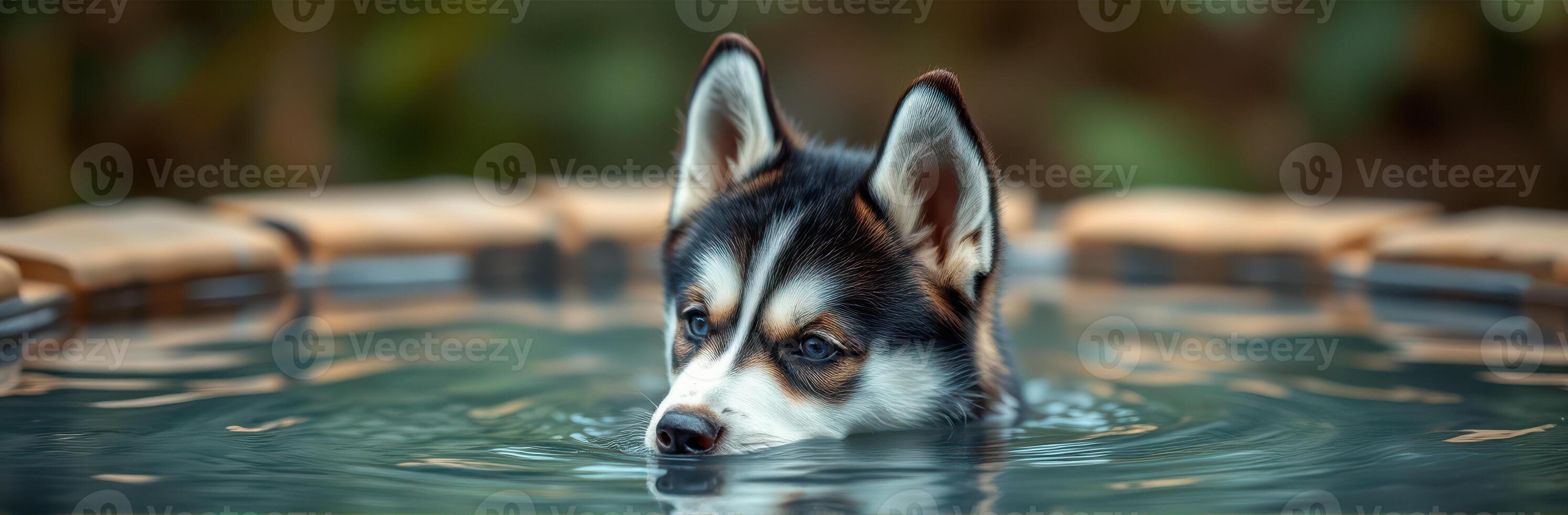 Cute and Adorable Siberian Husky Puppy Swimming in Calm Pool Water with Playful Expression photo