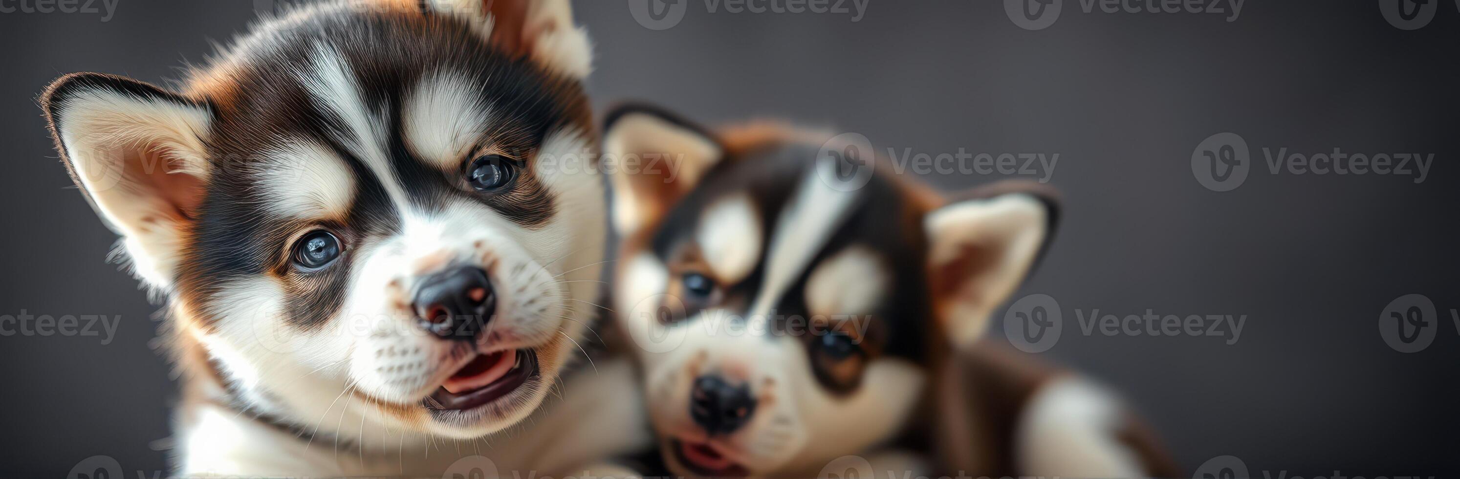 Cute and Playful Siberian Husky Puppies with Joyful Expressions and Expressive Blue Eyes in a Nature Background photo