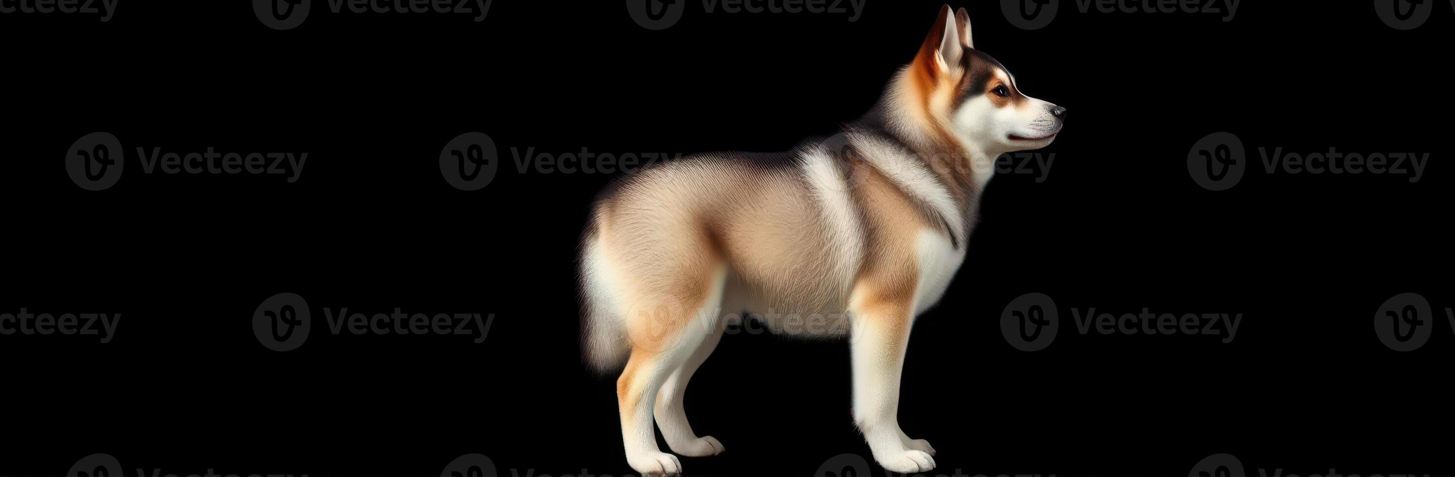Siberian Husky Profile Portrait in Digital Art on Black Background - Adorable Detailed Illustration of Strong Build Canine with Striking Appearance and Vivid Colors photo