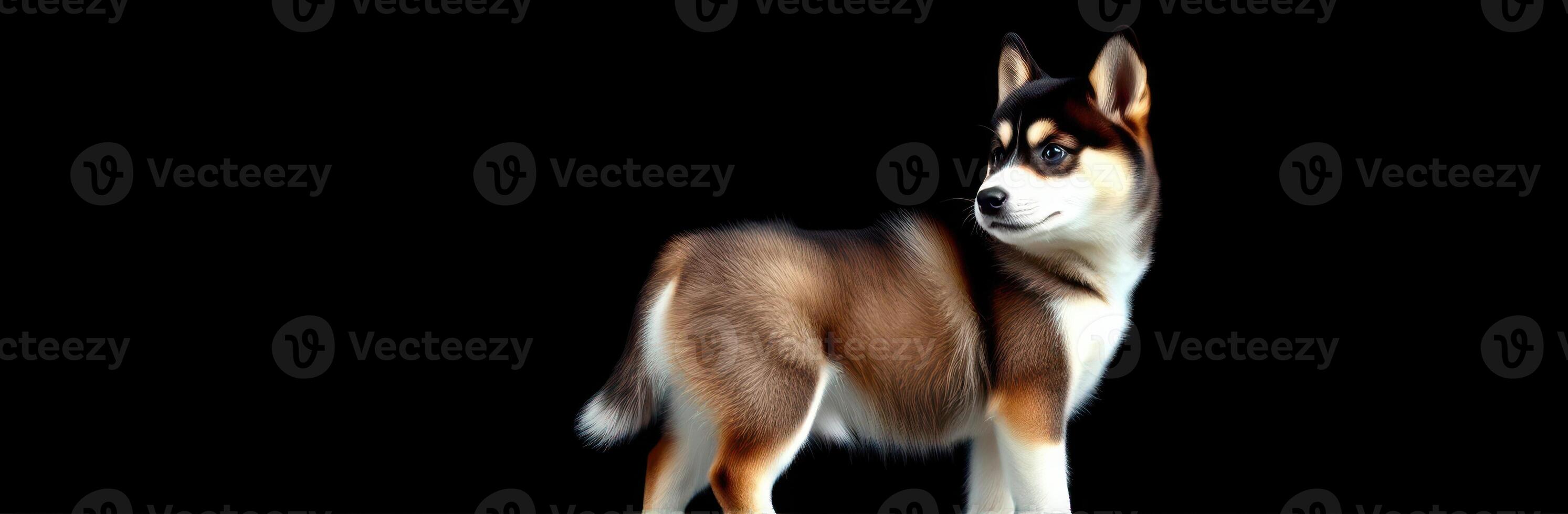 Cute and Lively Shiba Inu Puppy Portrait on Black Background - Adorable Furry Young Dog with Brown and White Coat, Strong Stance and Playful Expression in Vibrant Colors photo