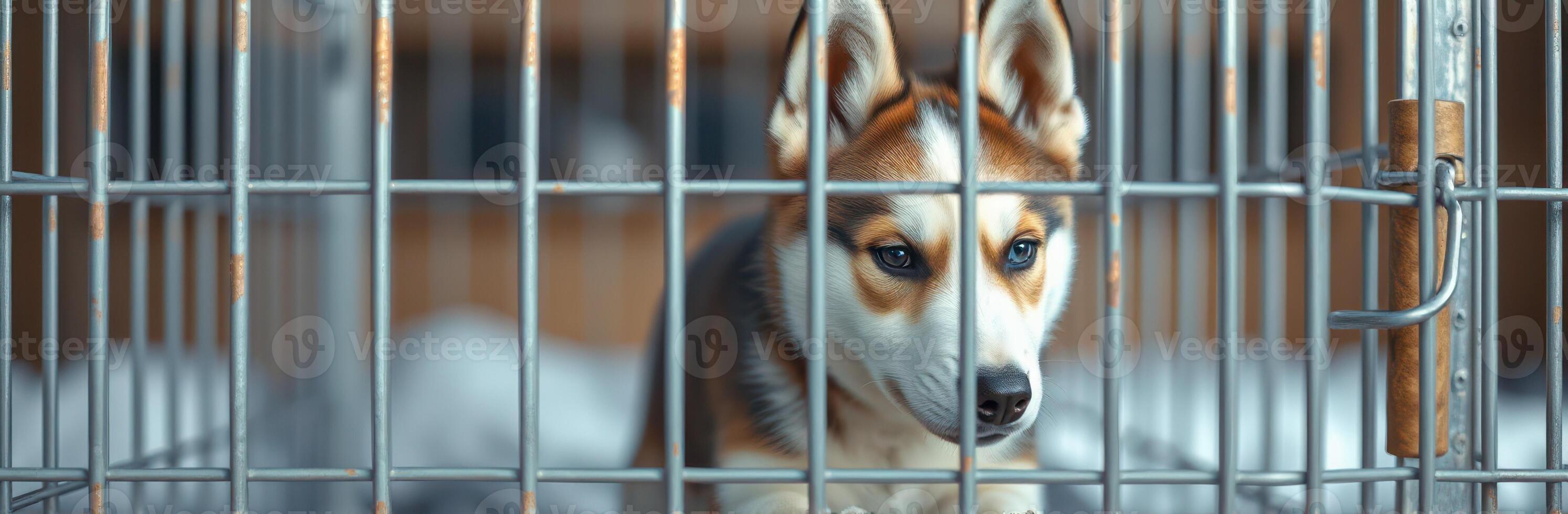 Adorable Brown and White Puppy in Shelter Kennel with Sad Eyes and Playful Expression photo