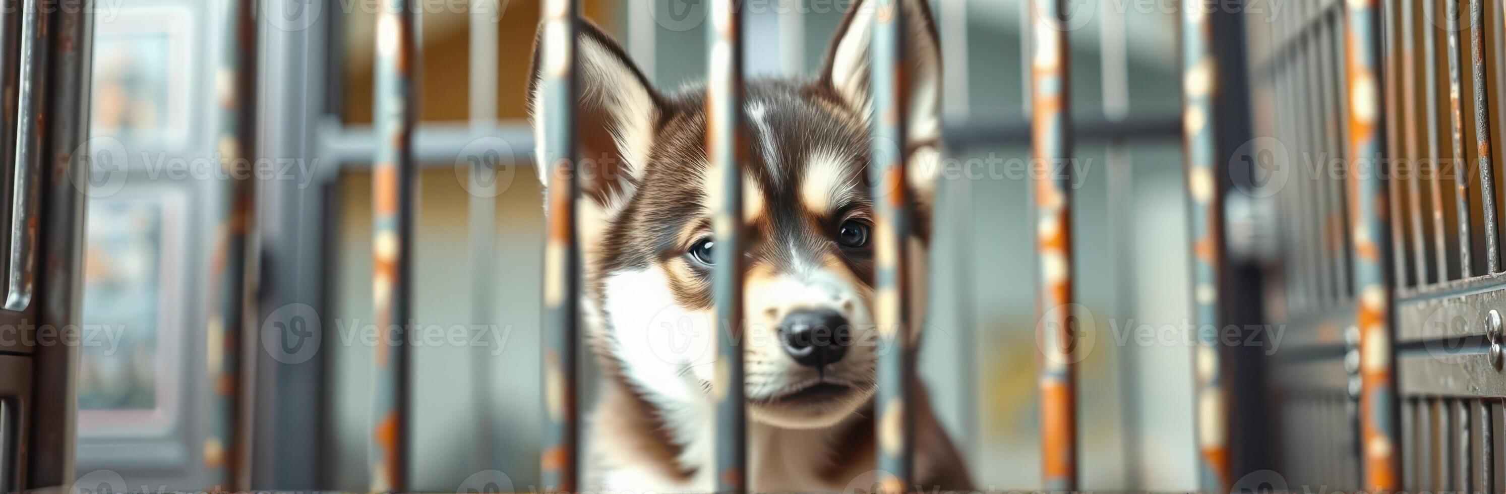 Puppy Behind Bars. Sad Brown and White Dog in Shelter Cage Longing for a Forever Home and Rescue Family photo