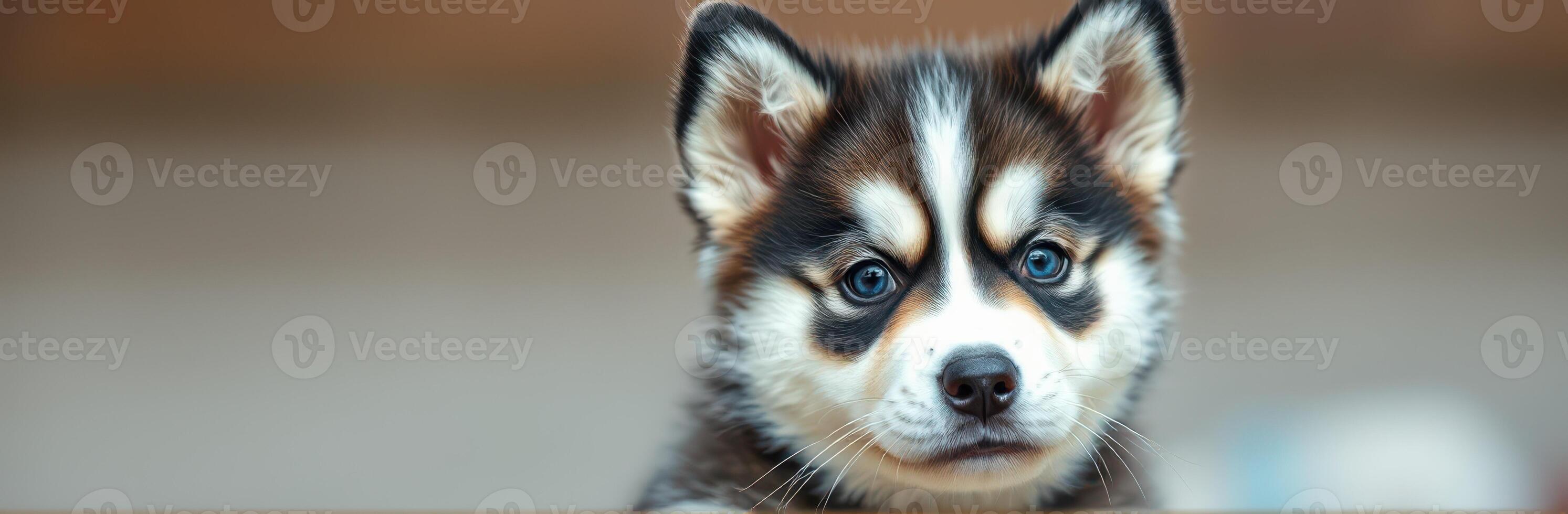 Cute and Fluffy Siberian Husky Puppy Portrait with Blue Eyes and Happy Expression photo