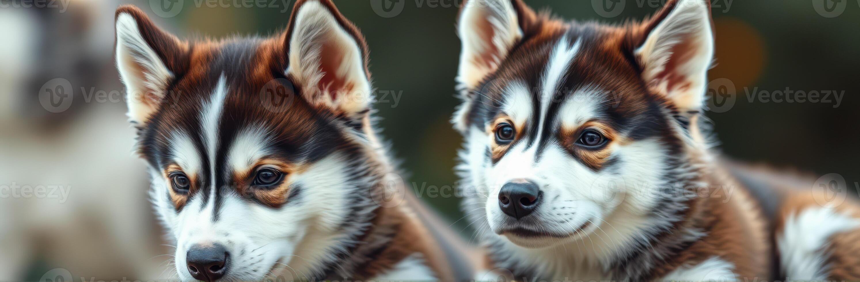 Charming Close-Up of Adorable Siberian Husky Puppies Bonding Together in a Nature Background - Cute Furry Friends Capturing Tender Moments and Playful Mood photo