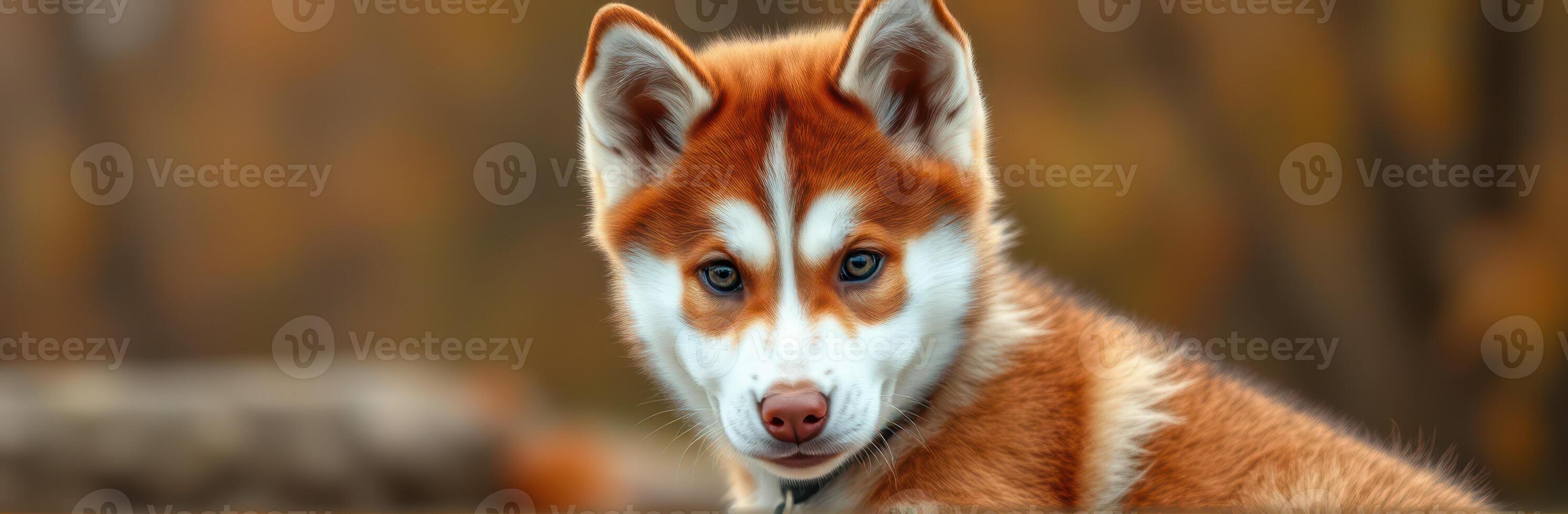 Cute Siberian Husky Puppy with Red Fur and Blue Eyes in Autumn Outdoor Setting photo