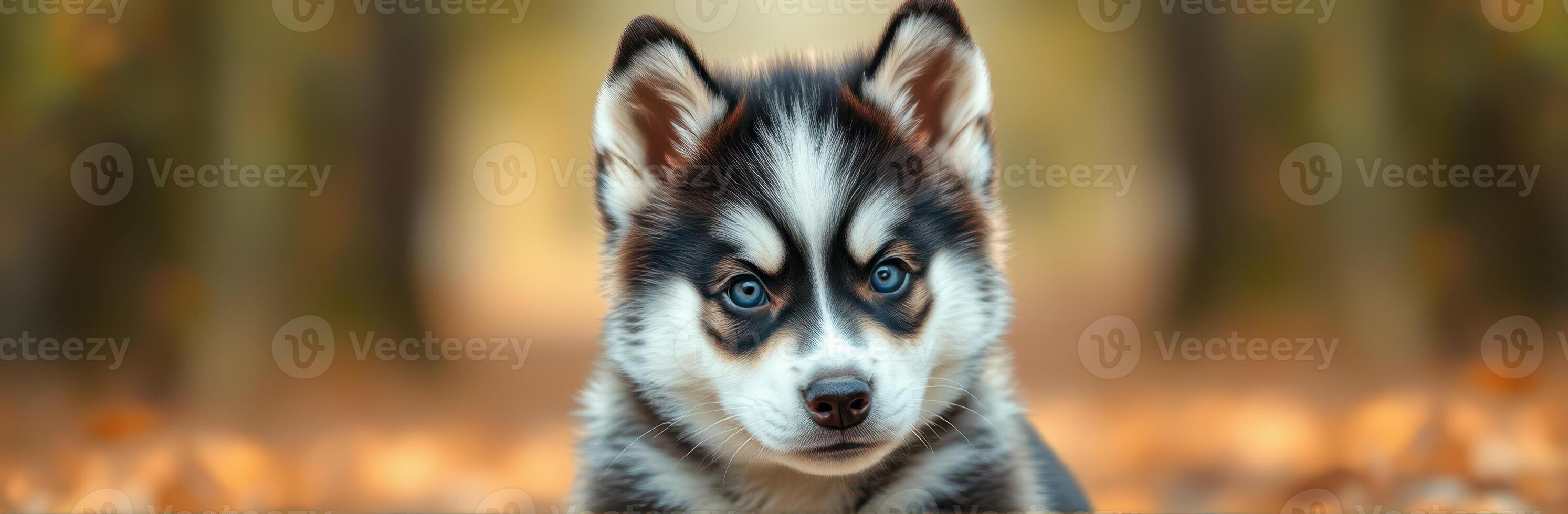 Cute Siberian Husky Puppy with Blue Eyes in Autumn Setting - Adorable Dog Portrait Close-Up Capturing Playful Expression and Emotional Connection photo