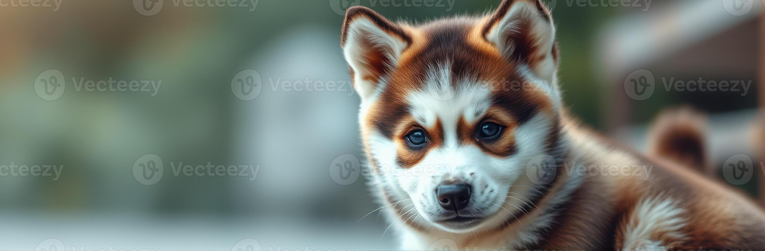 Fluffy and Adorable Puppy Close-Up Portrait with Warm Gaze and Happy Expression in Lush Nature Background photo