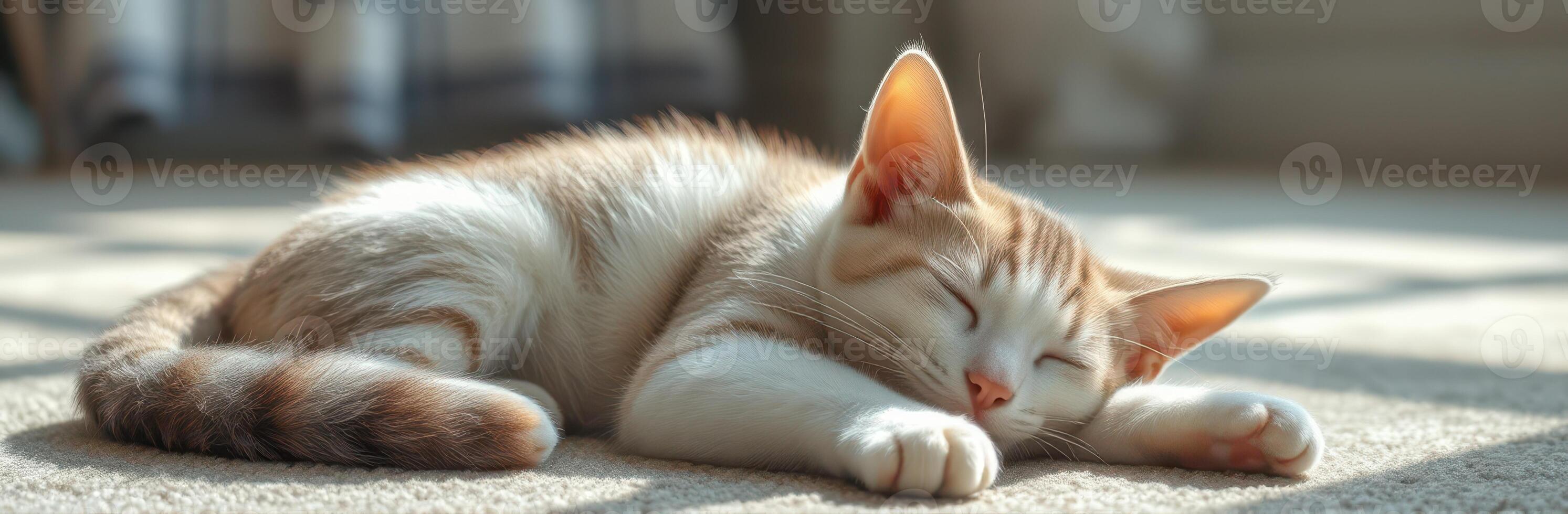 Cozy Orange Tabby Kitten Napping in Sunny Spot on Carpet. Relaxed and Content Domestic Cat with Fluffy Tail photo