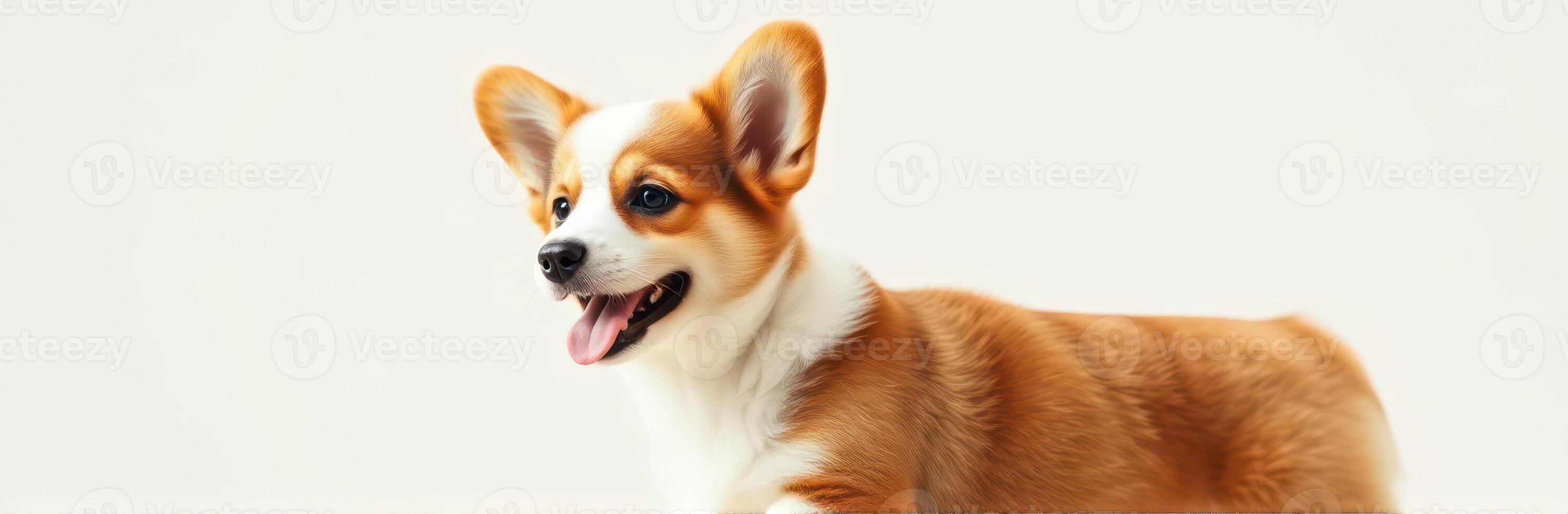 Cute Corgi Puppy Portrait. Adorable Friendly Dog with Brown and White Fur, Happy Expression and Wagging Tail photo