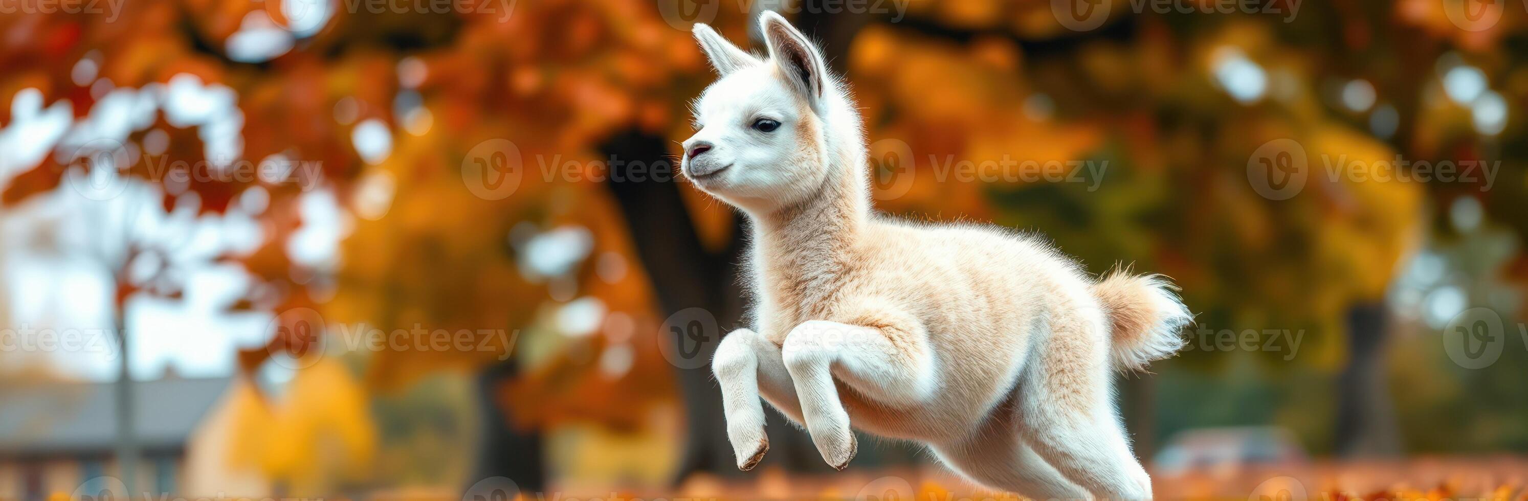 Lively Young Llama Jumping Amidst Autumn Colors with a Blur Effect in Nature Photography photo