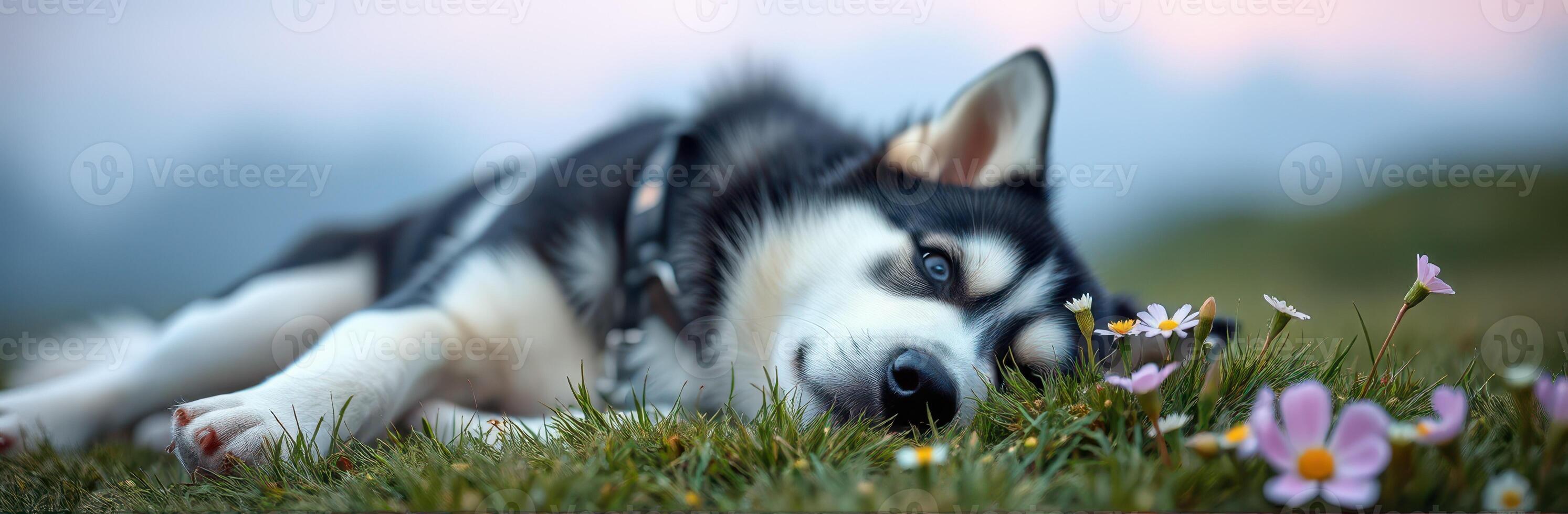 Siberian Husky Lying Down in a Serene Outdoor Setting Surrounded by Daisies and Green Grass on a Sunny Spring Day photo