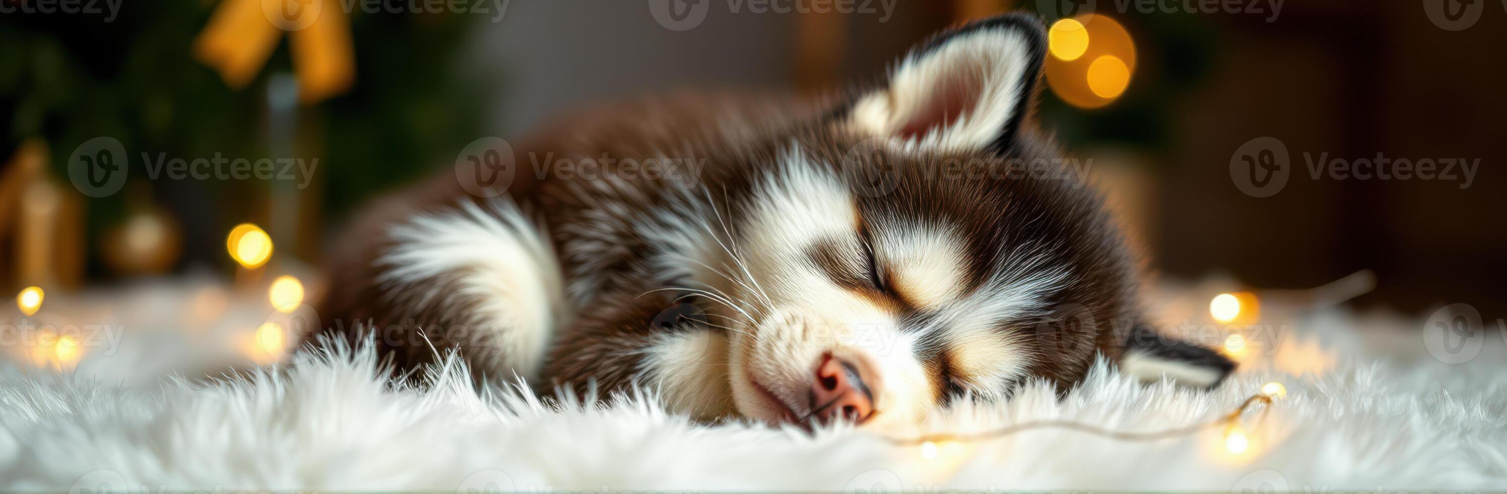 Sleeping Fluffy Brown and White Husky Puppy Under Cozy Fairy Lights - Adorable Winter Scene with Bokeh Effect photo