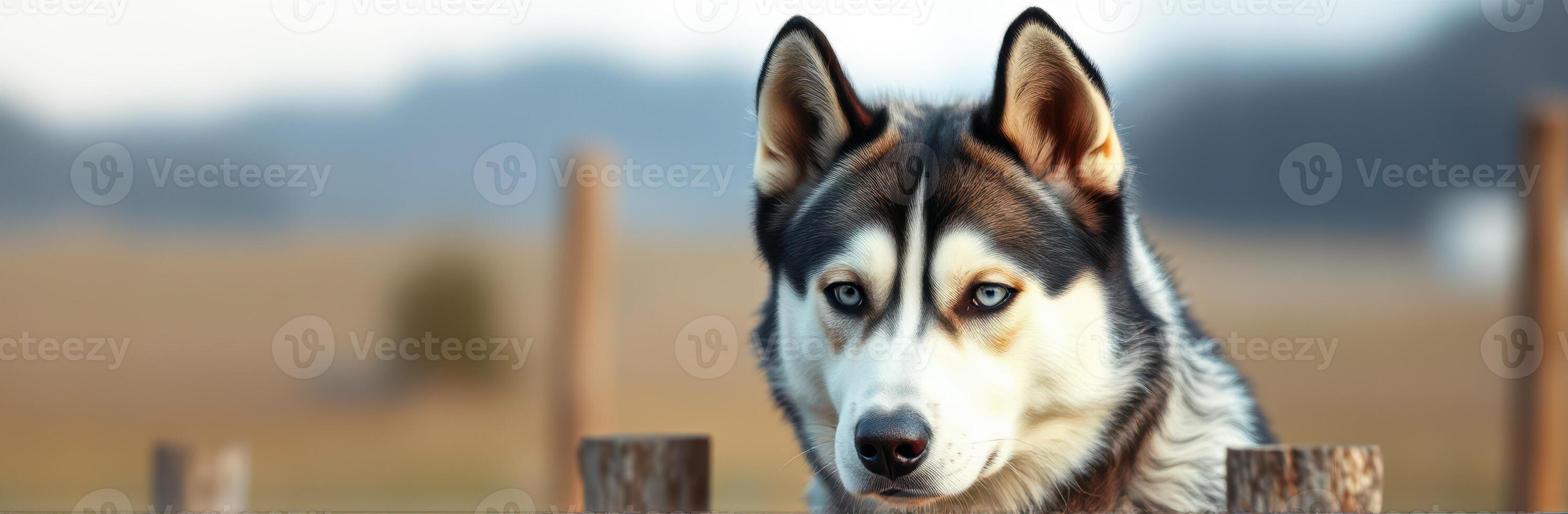 Siberian Husky Portrait. Beautiful Blue-Eyed Canine Against Nature with Wooden Fence and Bokeh Background photo