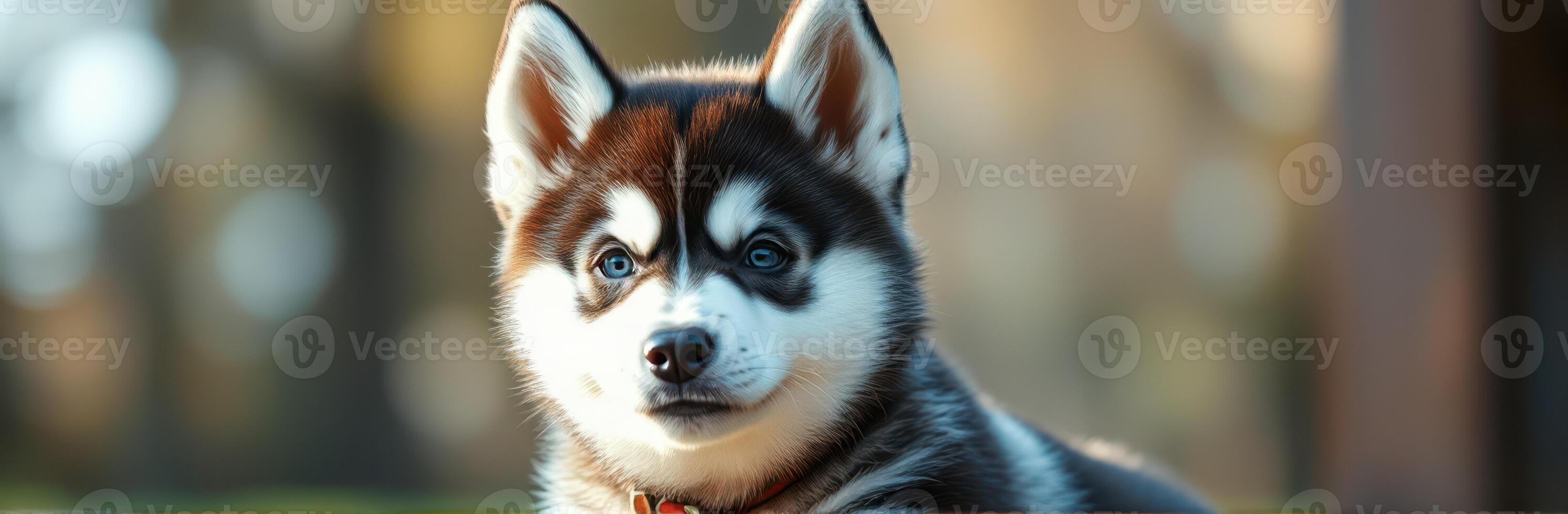 Cute Siberian Husky Puppy with Blue Eyes in Natural Outdoor Setting - Adorable Fluffy Dog Portrait with Alert Expression and Vibrant Bokeh Background photo