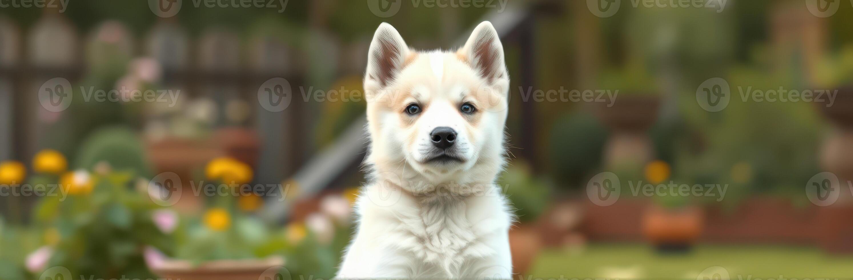 Cute and Adorable Puppy Portrait in a Garden - Friendly Fluffy Canine with Happy Expression and Beautiful Ears, Outdoors in Nature photo