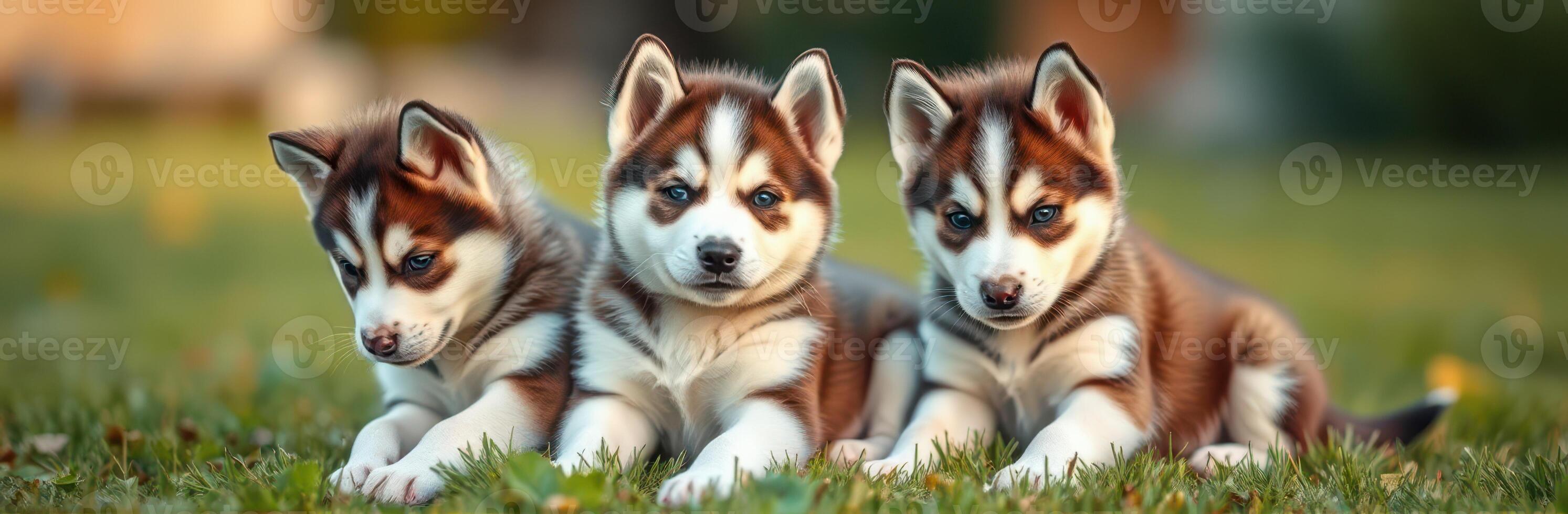 Playful and Adorable Trio of Fluffy Puppies. Siberian Huskies with Blue Eyes Enjoying Playtime in Grass - Pet Photography photo