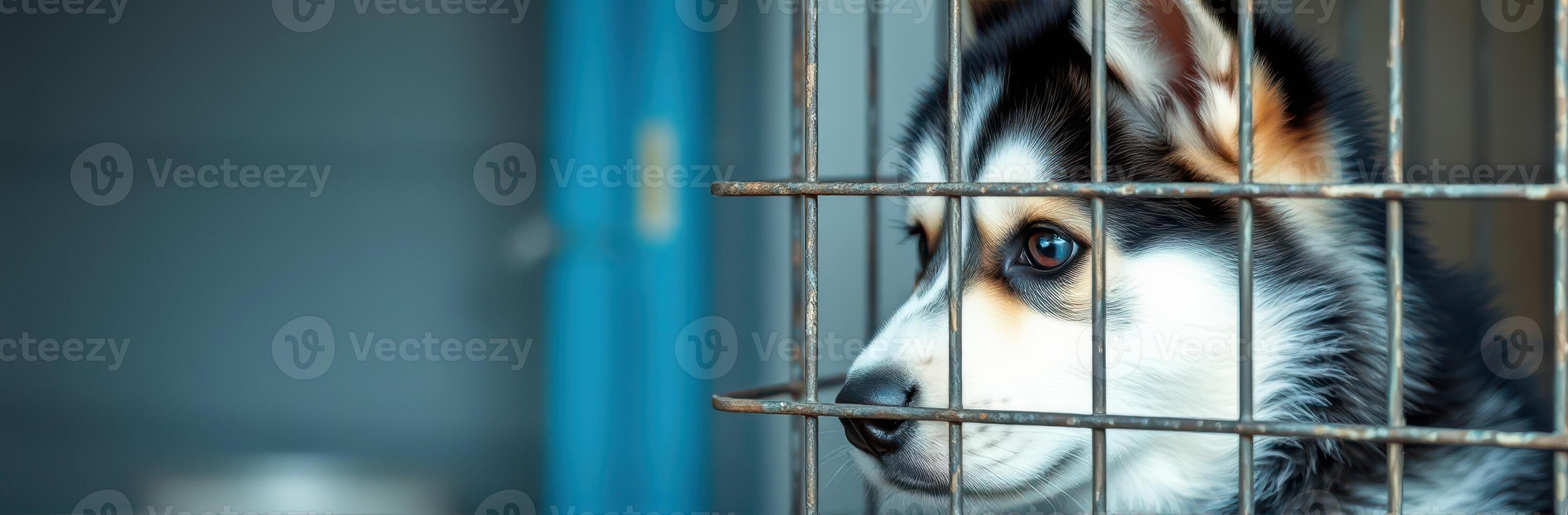 Siberian Husky Puppy with Sad Eyes Behind Bars in Animal Shelter - A Reminder of Pet Adoption and Rescue Mission for Homeless Animals photo