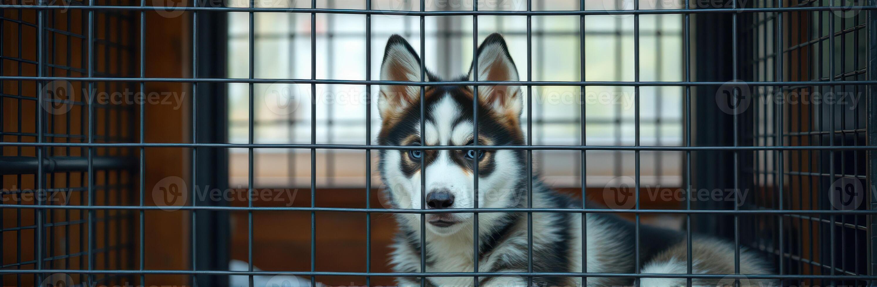 Siberian Husky Puppy with Blue Eyes in a Cage. Adorable Fluffy Dog in a Kennel Facing Constraints photo
