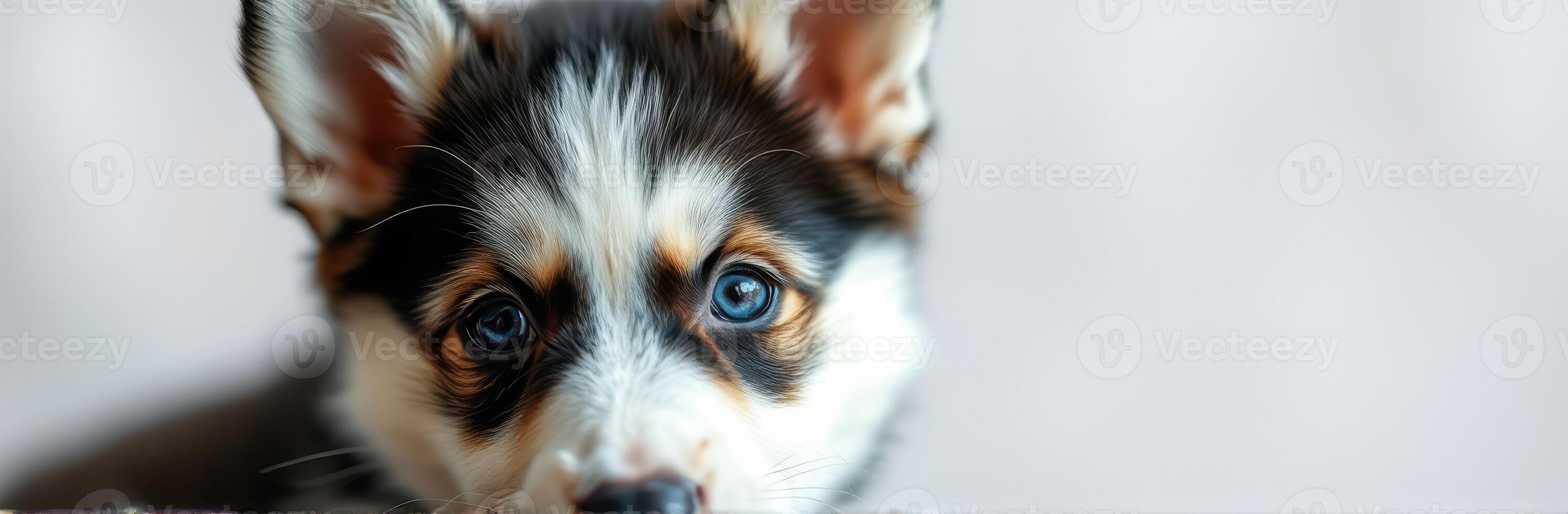Cute and Adorable Puppy Portrait with Blue Eyes and Soft Fur - Close-Up Image of Sweet Dog Paws and Warm Expressions in Natural Background photo