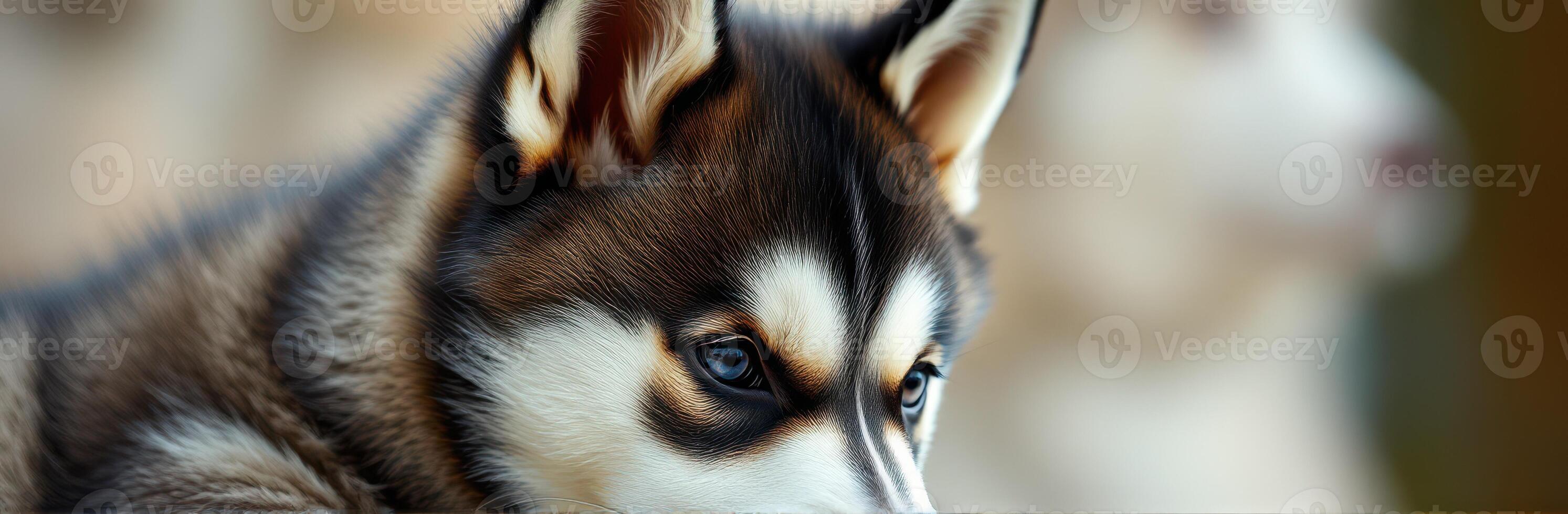 Cute Siberian Husky Puppy with Blue Eyes in Nature Close-Up Portrait photo