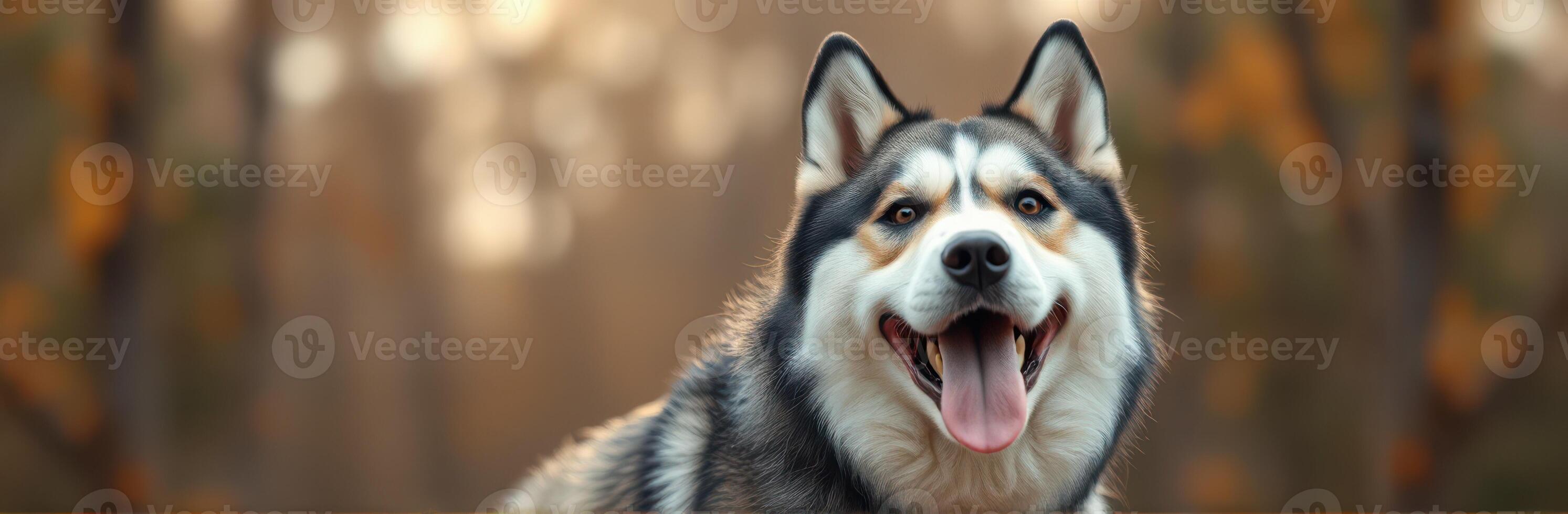 Smiling Siberian Husky in Autumn Forest. Adorable Dog Portrait with Playful Expression and Blurred Background in Golden Hour Light photo