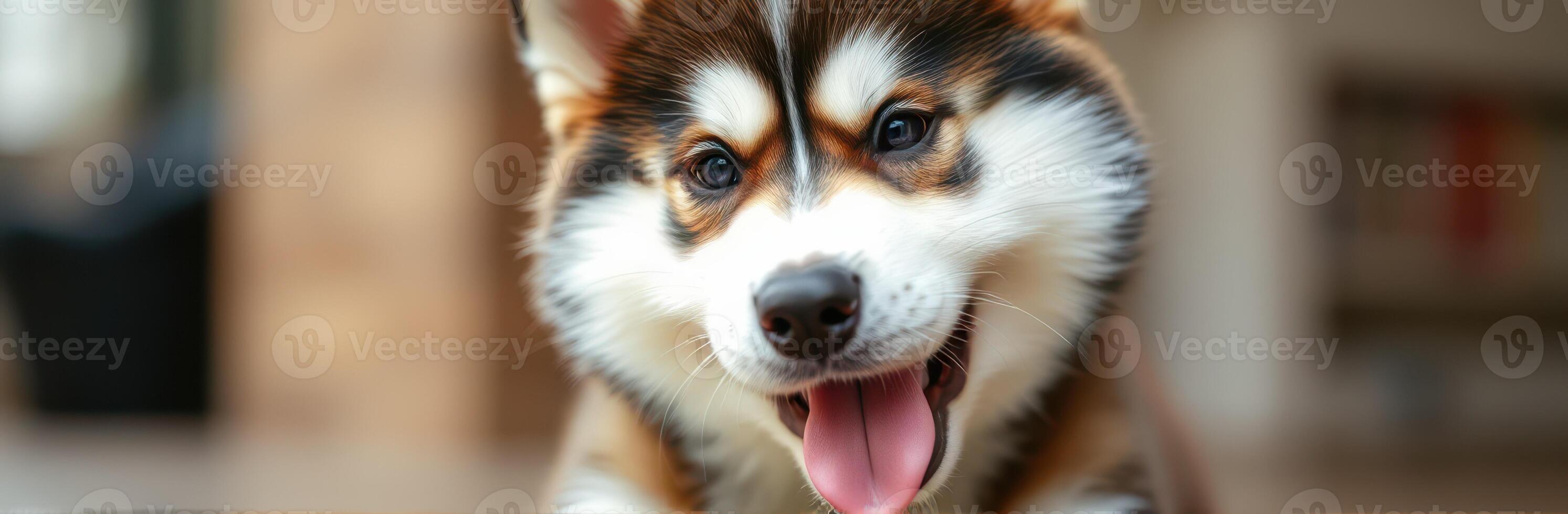 Cute Fluffy Puppy Portrait with Brown Eyes and Happy Expression Indoors photo