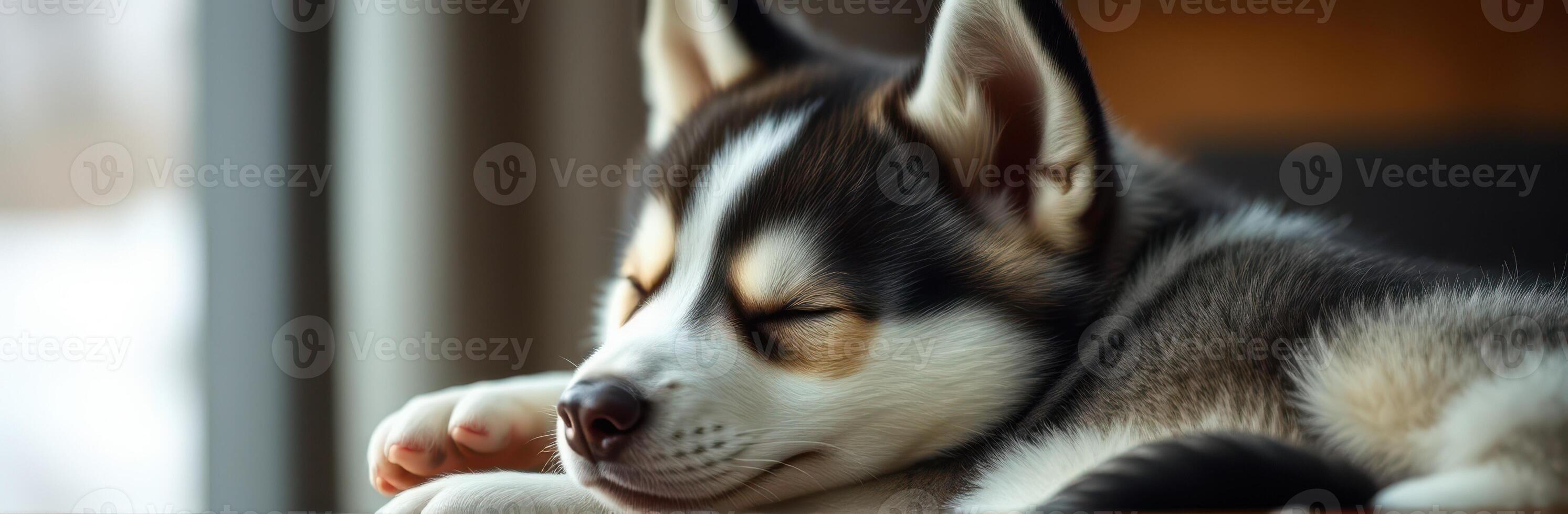 Adorable Sleeping Puppy Portrait. Closeup of a Cute Siberian Husky with Fluffy Ears and Peaceful Naptime in Daylight by the Window photo