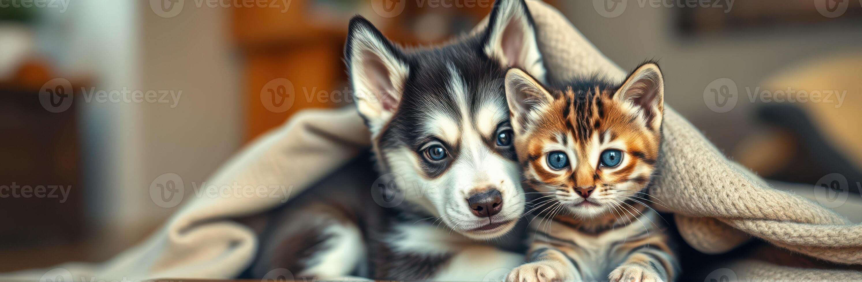 Adorable Kitten and Puppy Snuggling Together Under a Cozy Blanket - A Beautiful Representation of Pet Friendship and Companionship photo