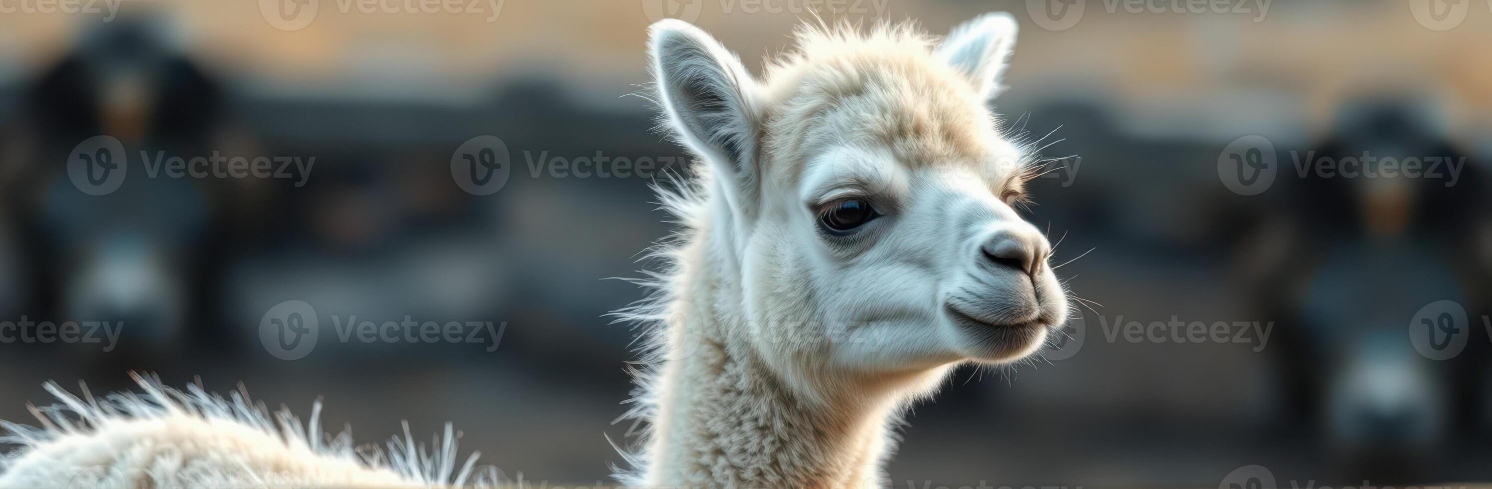 Cute and Fluffy Young Alpaca Close-Up Portrait with Blurred Background in Serene Outdoor Nature Settings photo