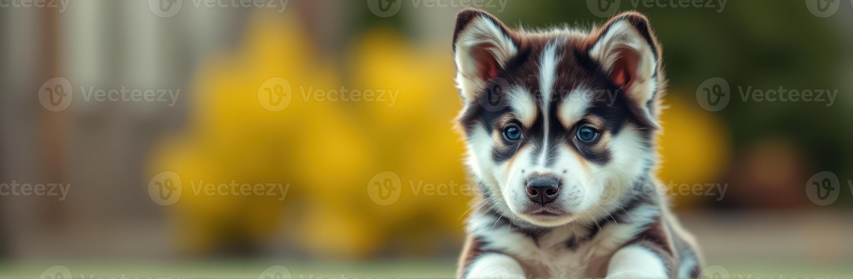 Cute and Adorable Puppy Portrait. Fluffy Siberian Husky with Playful Expression on Yellow Bokeh Background in Nature Garden photo