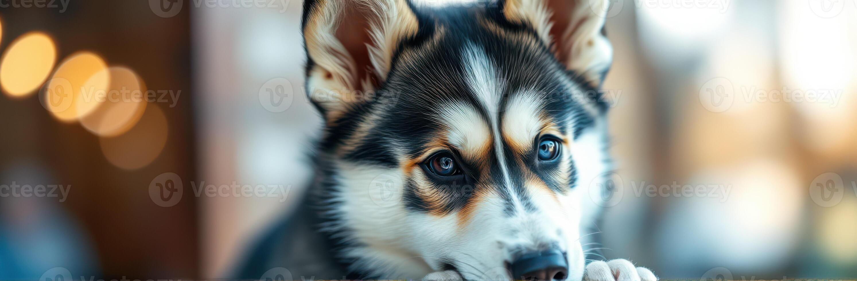 Cute Siberian Husky Puppy with Adorable Expressive Eyes in Soft Focus Bokeh Background photo