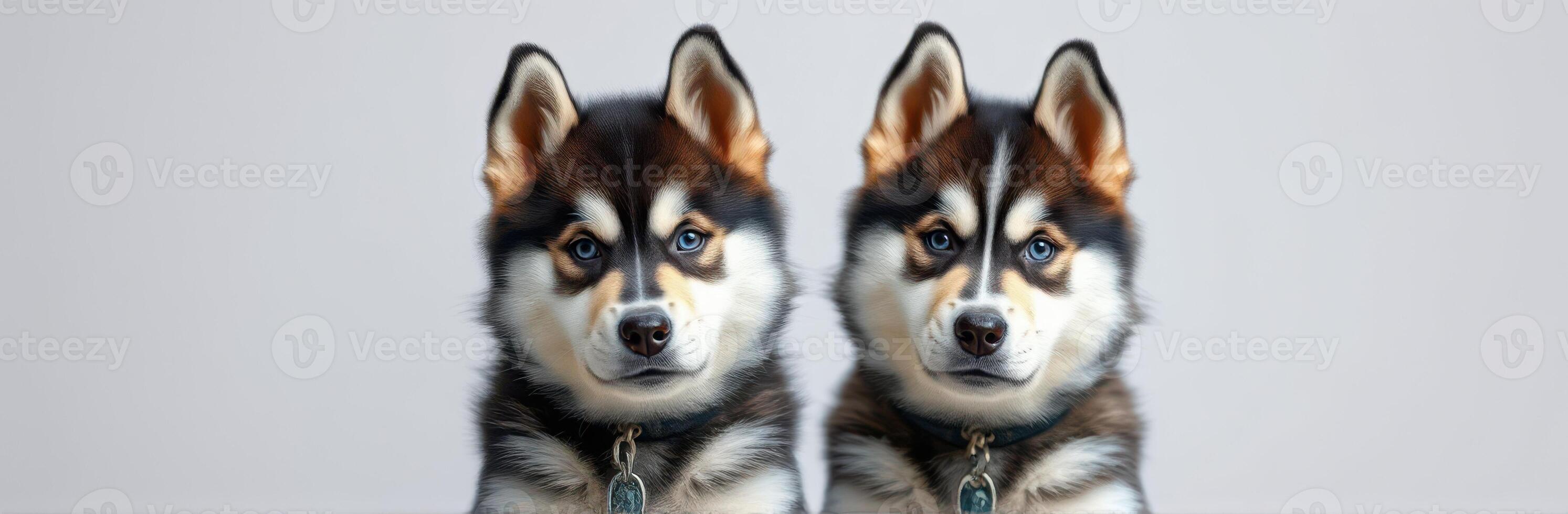 Siberian Husky Puppies with Blue Eyes. Adorable Twins Bonding in a Natural Setting photo